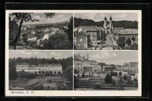 AK Amstetten, Gesamtansicht, Bahnhofstr. mit Kirche, Krankenhaus und A. platz