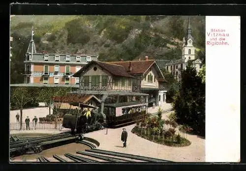 AK Vitznau, Teilansicht mit Station und Dampflok, Vitznau - Rigi - Bahn