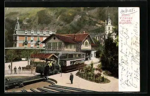 AK Vitznau, Teilansicht mit Station und Dampflok, Vitznau - Rigi - Bahn