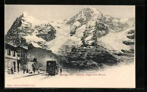 AK Wengernalp, Bergbahn-Station mit Eiger und Mönch