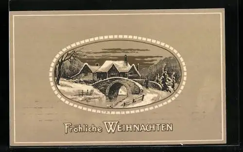 Künstler-AK Weihnachten in einem verschneiten Dorf mit Brücke und Bach