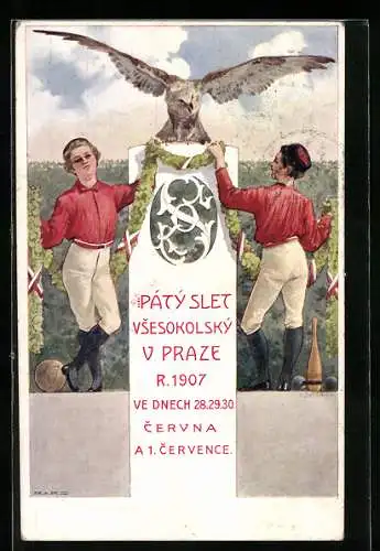 AK Prag, Slet Vsesokolsky V Praze 1907, zwei Mädchen mit Adler, Sokol