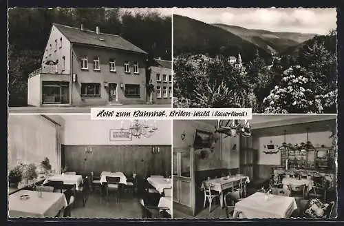 AK Brilon, Ortsansicht aus der Vogelschau, Hotel zum Bahnhof mit Blick in den Gastraum