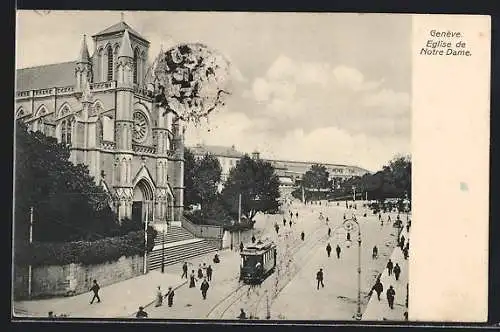 AK Genève, Eglise de Notre Dame, Strassenbahn