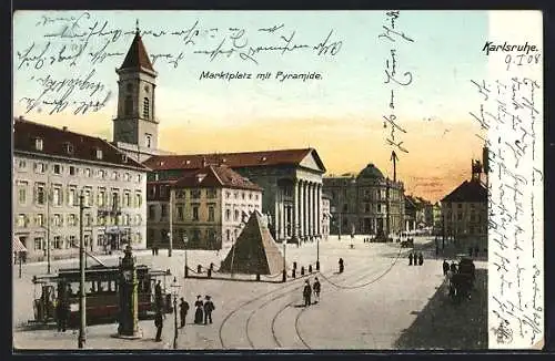 AK Karlsruhe, Marktplatz mit Pyramide und Strassenbahn