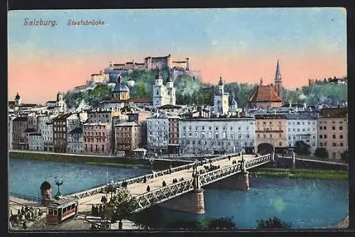 AK Salzburg, Staatsbrücke mit Strassenbahn