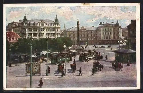 Künstler-AK Graz, Jacomini-Platz mit Strassenbahn