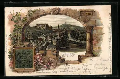 Passepartout-Lithographie Tübingen, Blick in die Stadt, Wappen