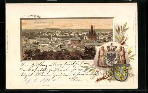 Passepartout-Lithographie Wiesbaden, Teilansicht mit Kirche, Wappen