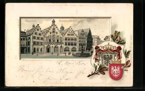 Passepartout-Lithographie Alt-Frankfurt, Römer mit Brunnen, Wappen