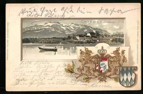 Passepartout-Lithographie Herreninsel /Chiemsee, Panorama mit Alpen, Wappen