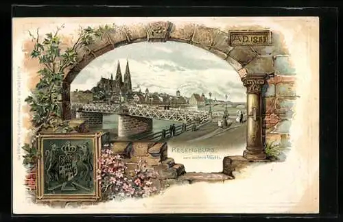 Passepartout-Lithographie Regensburg, Teilansicht vom untern Wörth, Wappen im Rahmen, Blumen