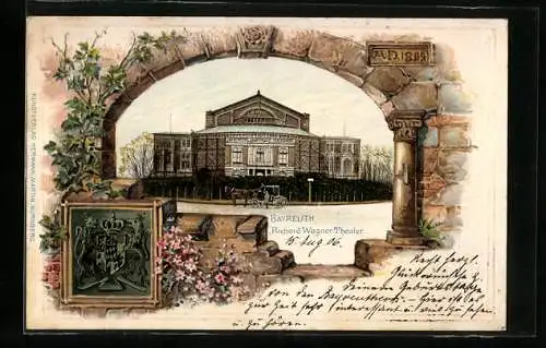 Passepartout-Lithographie Bayreuth, Richard Wagner-Theater mit Kutsche, Wappen