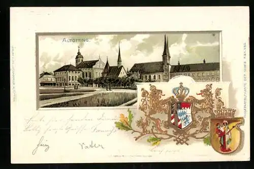 Passepartout-Lithographie Altötting, Gebäude der Innenstadt, Wappen