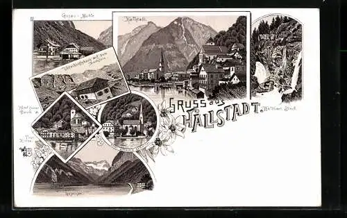 Lithographie Hallstatt, Hotel grüner Baum und Prot. Kirche, Hotel Seeauer und kath. Kirche