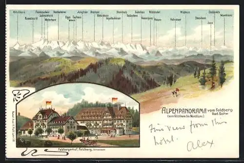 Lithographie Feldberg /Schwarzwald, Gasthaus Feldbergerhof, Alpenpanorama