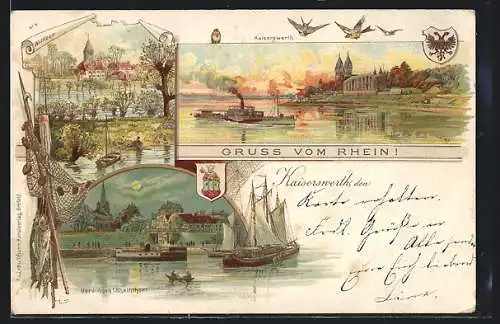 Lithographie Kaiserswerth, Rhein mit Dampfer, Uerdingen, Wittlaer