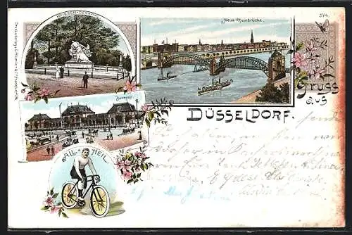 Lithographie Düsseldorf, Neue Rheinbrücke, Krieger-Denkmal, Bahnhof