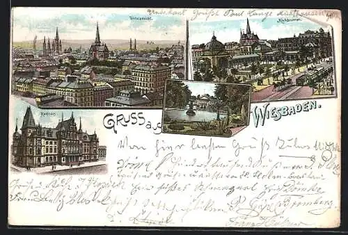 Lithographie Wiesbaden, Rathaus, Kochbrunnen, Teich