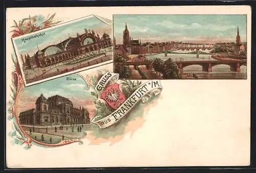 Lithographie Frankfurt a / M., Teilansicht, Hauptbahnhof, Börse