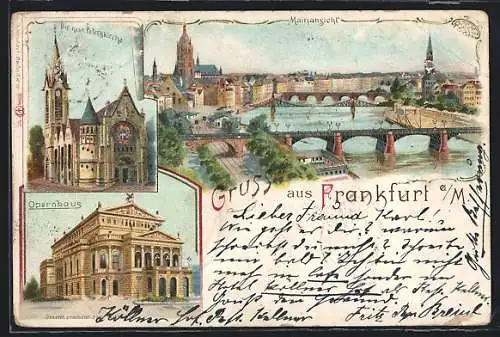 Lithographie Frankfurt /Main, Peterskirche, Opernhaus und Mainansicht