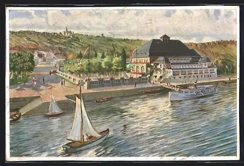 Künstler-AK Bingen a. Rh., Rheinterrassenhotel Binger Festhalle, Dampfer und Segelschiffe