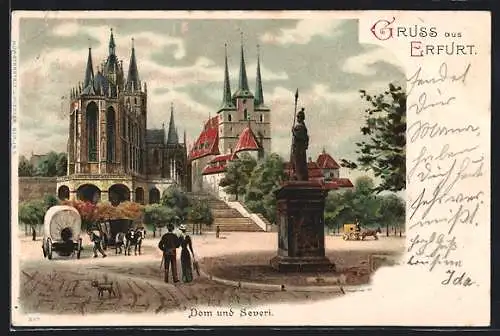 Lithographie Erfurt, Dom und Severi mit Leuten