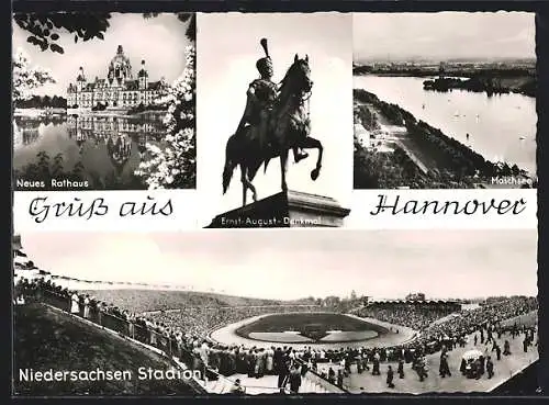 AK Hannover, Niedersachsenstadion, Ernst August-Denkmal, Neues Rathaus