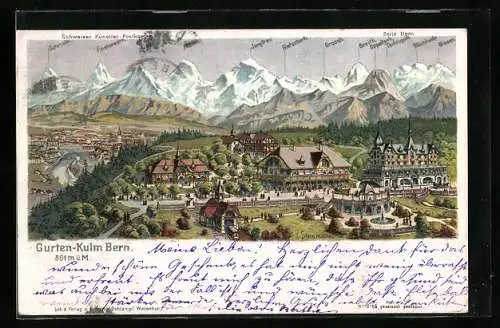 Lithographie Bern, Gurten Kulm, Etablissement und Restauration mit Blümlisalp