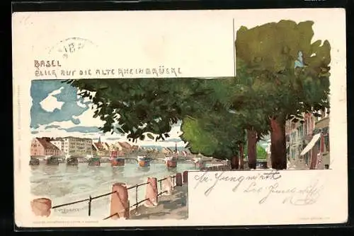 Künstler-Lithographie Fritz Voellmy: Basel, Blick zur alten Rheinbrücke