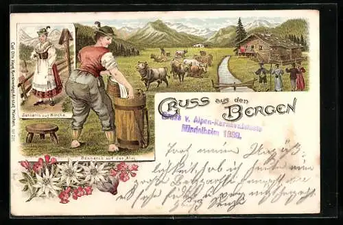 Lithographie Gruss aus den Bergen, Sennerin in Tracht, Sennerin arbeitet auf der Alm, Bergsteiger, Kühe