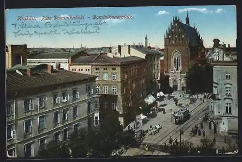 AK Kraków, Dominikanerplatz mit Strassenbahn