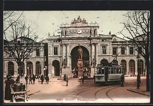 AK Zürich, Strassenbahn am Bahnhof