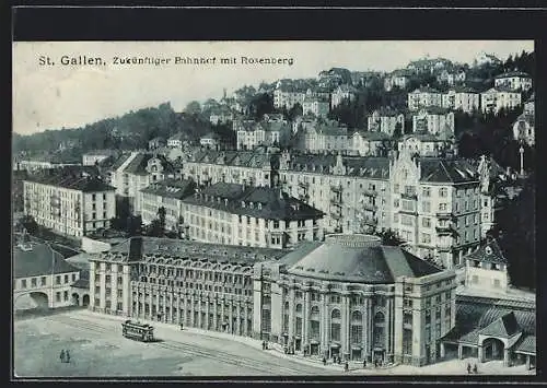 AK St. Gallen, Bahnhof mit Strassenbahn und Rosenberg