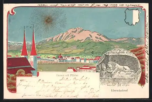 Lithographie Luzern, Löwendenkmal, Ortsansicht mit dem Pilatus