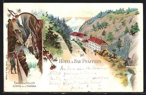 Lithographie Bad Pfäffers, Hotel Pfäffers mit Taminaschlucht