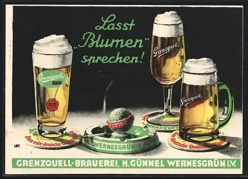 Künstler-AK Grenzquell-Brauerei Wernesgrün Werbung, Biergläser mit Schaumkrone, Aschenbecher mit Zigarette