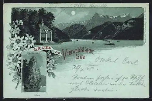 Mondschein-Lithographie Sisikon /Vierwaldstättersee, Tells-Kapelle, Schillerstein