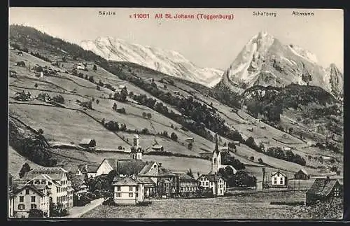 AK Alt St. Johann /Toggenburg, Ortspartie mit Säntis, Schafberg und Altmann