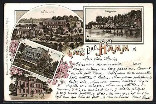 Vorläufer-Lithographie Bad Hamm i. W., 1895, Ortsansicht von oben, Rietgarten, Feldhaus, Silverberg