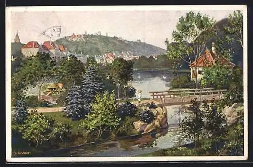 Künstler-AK Tübingen a. N., Anlagensee mit Blick auf Österberg