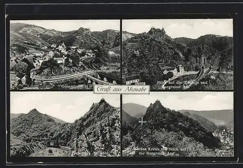 AK Altenahr, Blick auf die Tunnels und Burgruine Are, Weisses Kreuz, Ortspartie