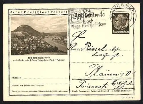 AK Königstein /Sächs. Schweiz, Stadt, Festung und Elbe, Ganzsache Lernt Deutschland kennen