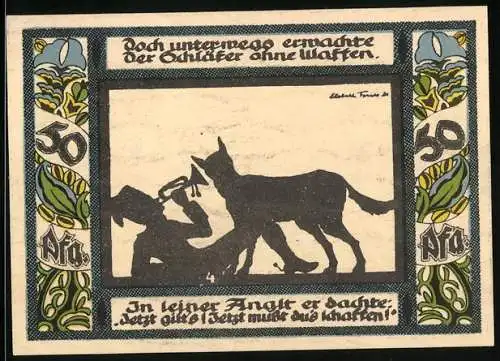 Notgeld Gollnow 1921, 50 Pfennig, Schläfer mit Trompete und Wolf, Bauer auf dem Feld