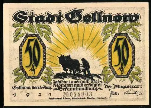 Notgeld Gollnow 1921, 50 Pfennig, Bauer auf dem Feld, Husar schläft ein