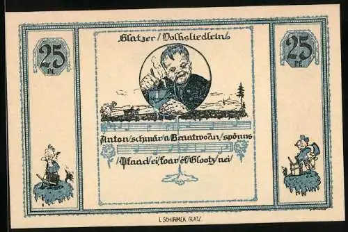 Notgeld Glatz 1921, 25 Pfennig, Glatzer Volksliedlein, Mann mit Tabakspfeife