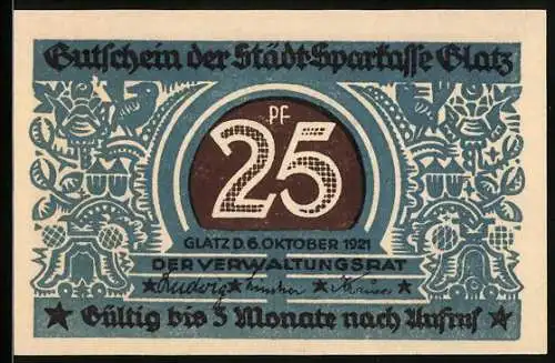Notgeld Glatz 1921, 25 Pfennig, 100 Jahre Städt. Sparkasse Glatz 1821-1921, Kirche, Ortspartie, Wappen