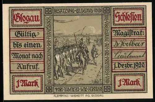 Notgeld Glogau /Schlesien 1920, 1 Mark, Die Waffenstreckung der Französisch. Besatzung Glogaus