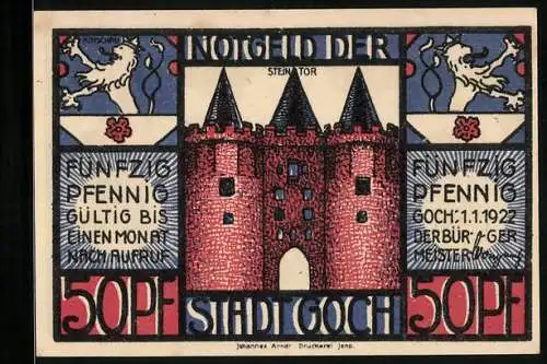 Notgeld Goch 1922, 50 Pfennig, Der Schmuggler scheu ins Dickicht bricht