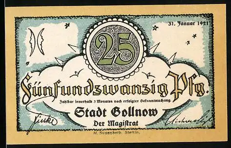 Notgeld Gollnow 1921, 25 Pfennig, Segelboot auf dem Fluss